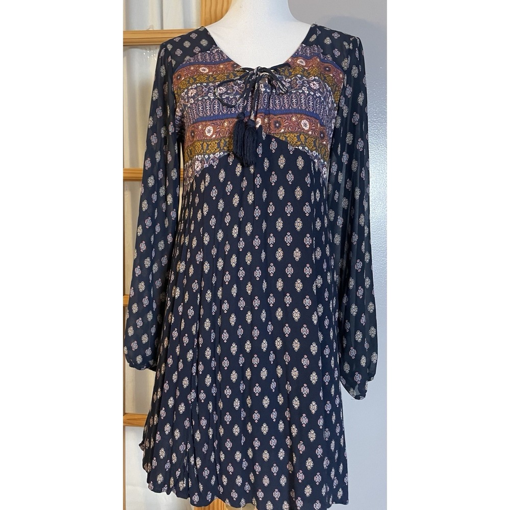 Boho Floral Mini Dress Sz M Navy Sheer Sleeve Front Tie Tassels Peasant Cottage